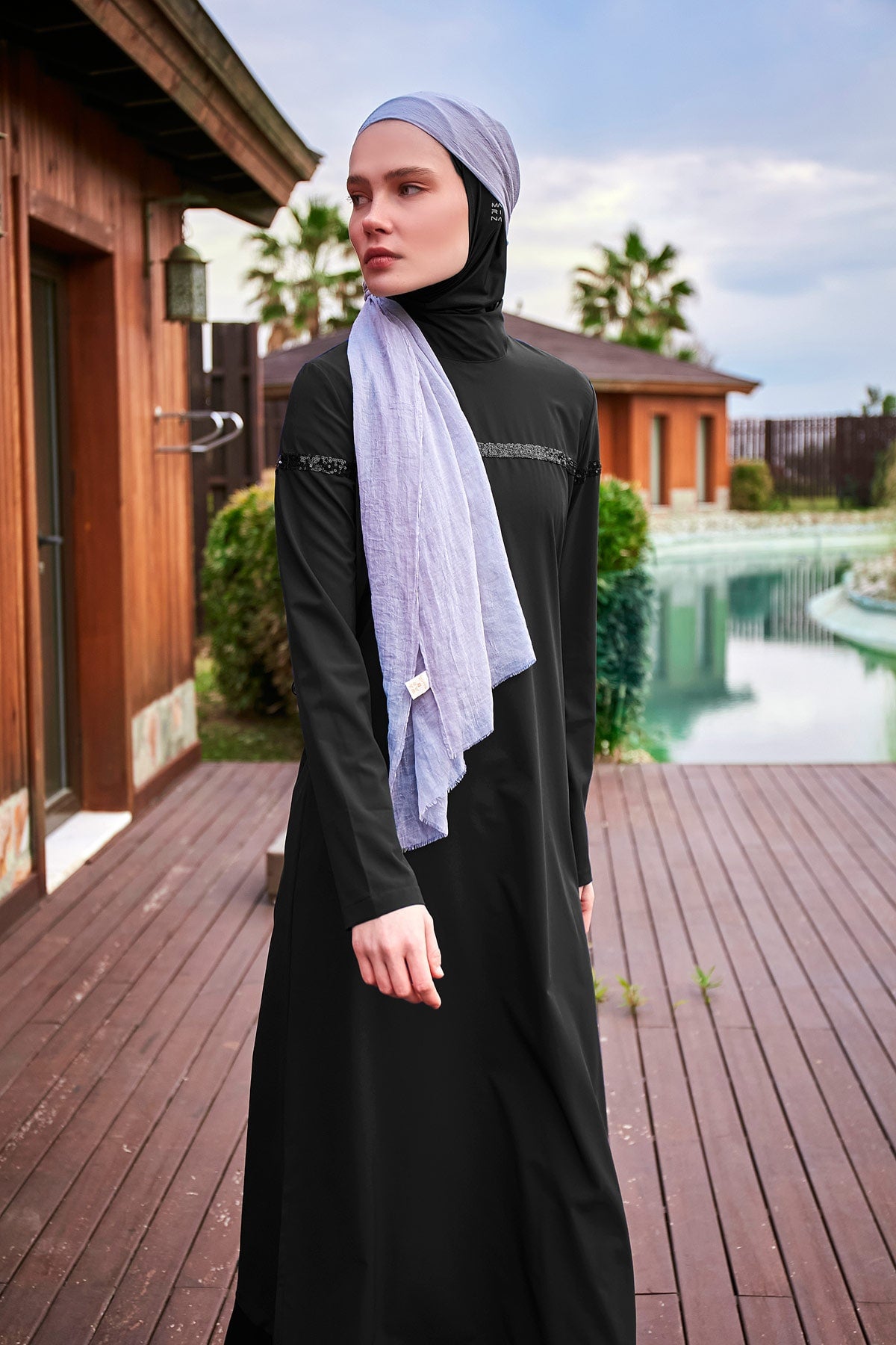 Black Parachute Fabric Full-Coverage Modest Swimwear Burkini - M2433