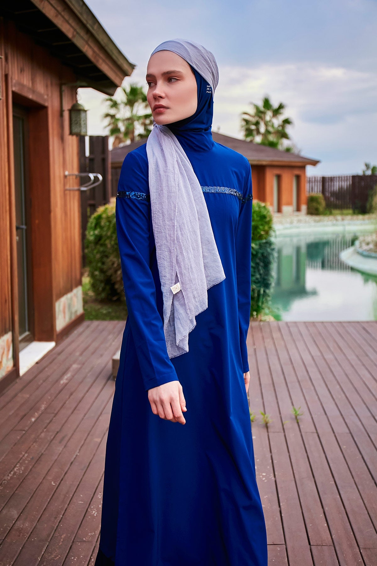 Sequin Detailed Navy Blue Full-Coverage Modest Swimwear Burkini - M2434
