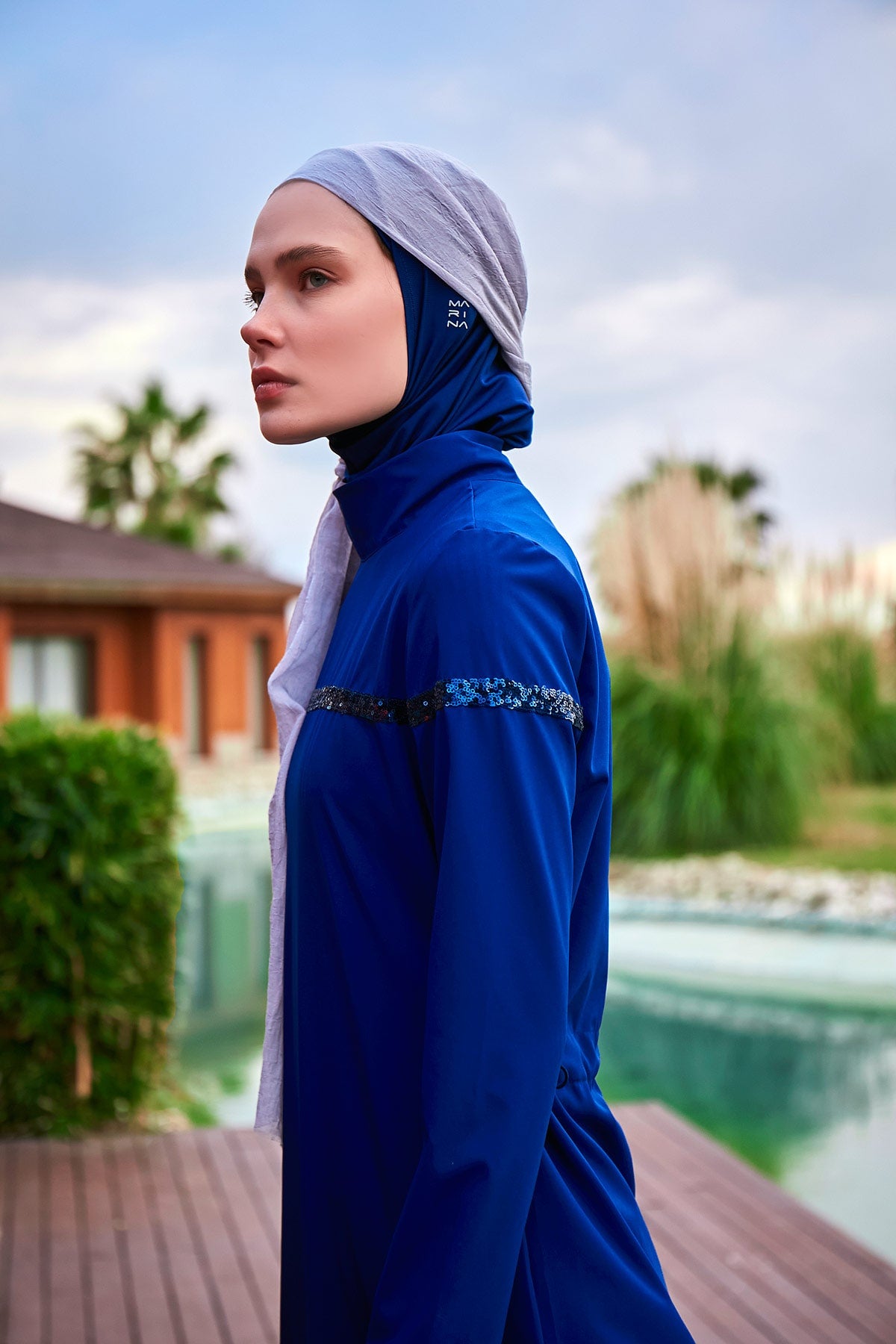 Sequin Detailed Navy Blue Full-Coverage Modest Swimwear Burkini - M2434