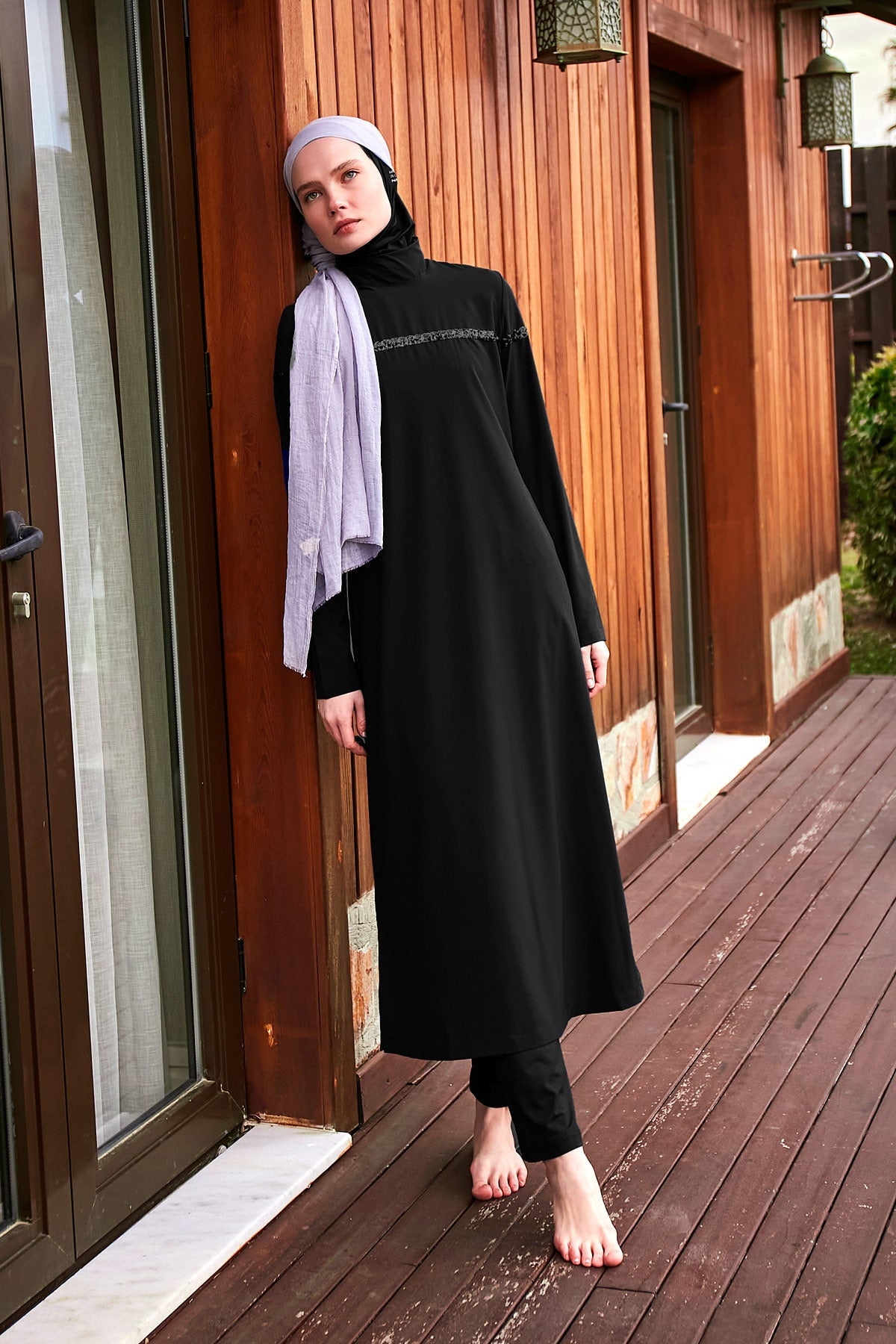 Black Parachute Fabric Full-Coverage Modest Swimwear Burkini - M2433