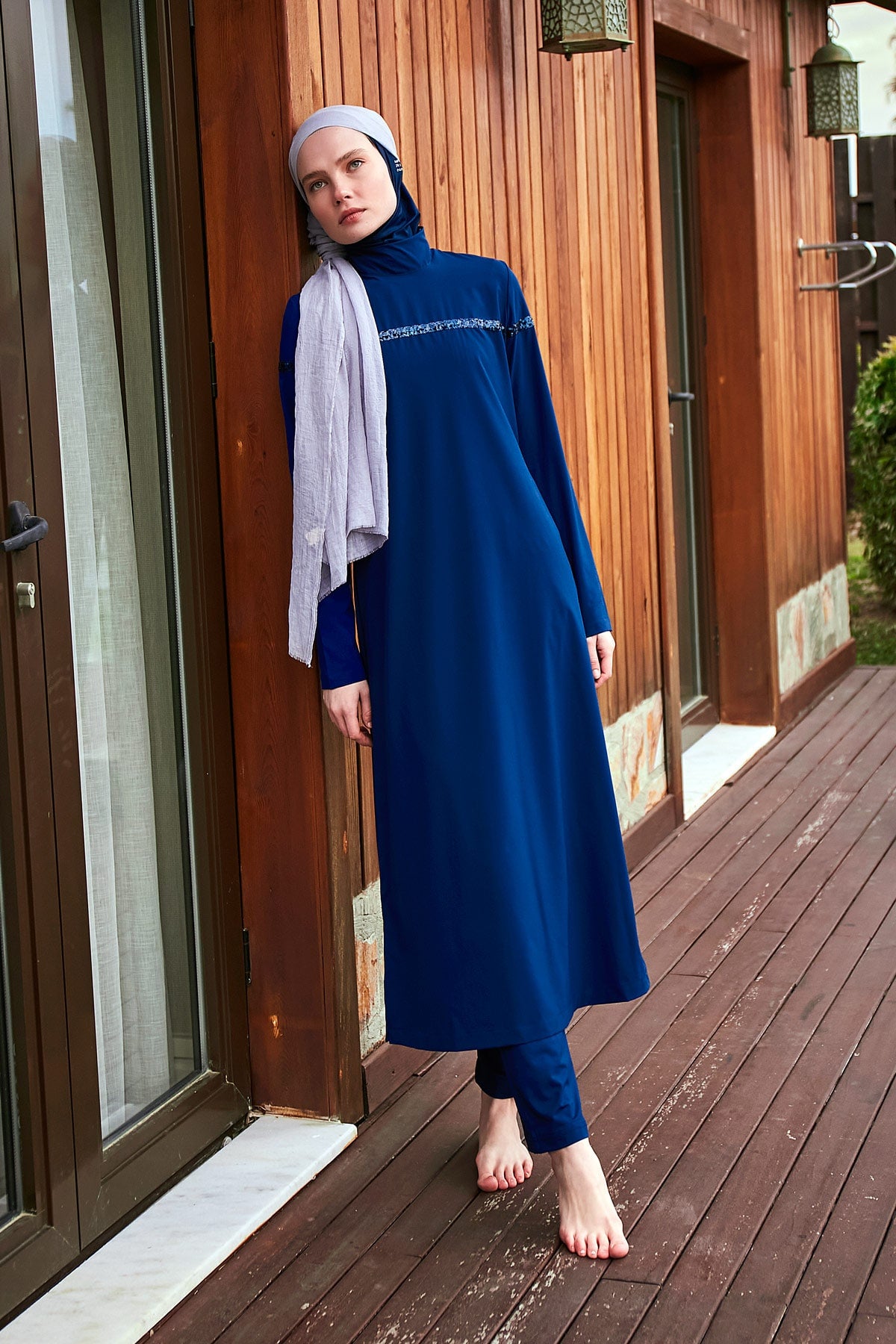 Sequin Detailed Navy Blue Full-Coverage Modest Swimwear Burkini - M2434