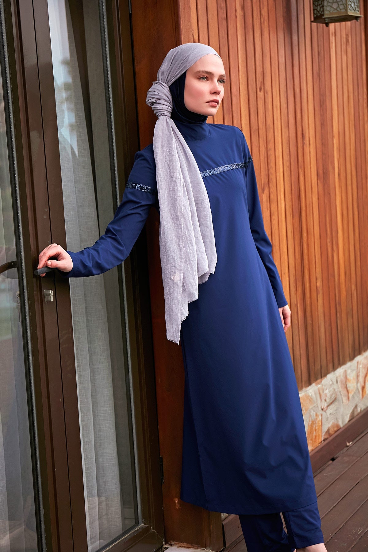 Sequin Detailed Navy Blue Full-Coverage Modest Swimwear Burkini - M2434