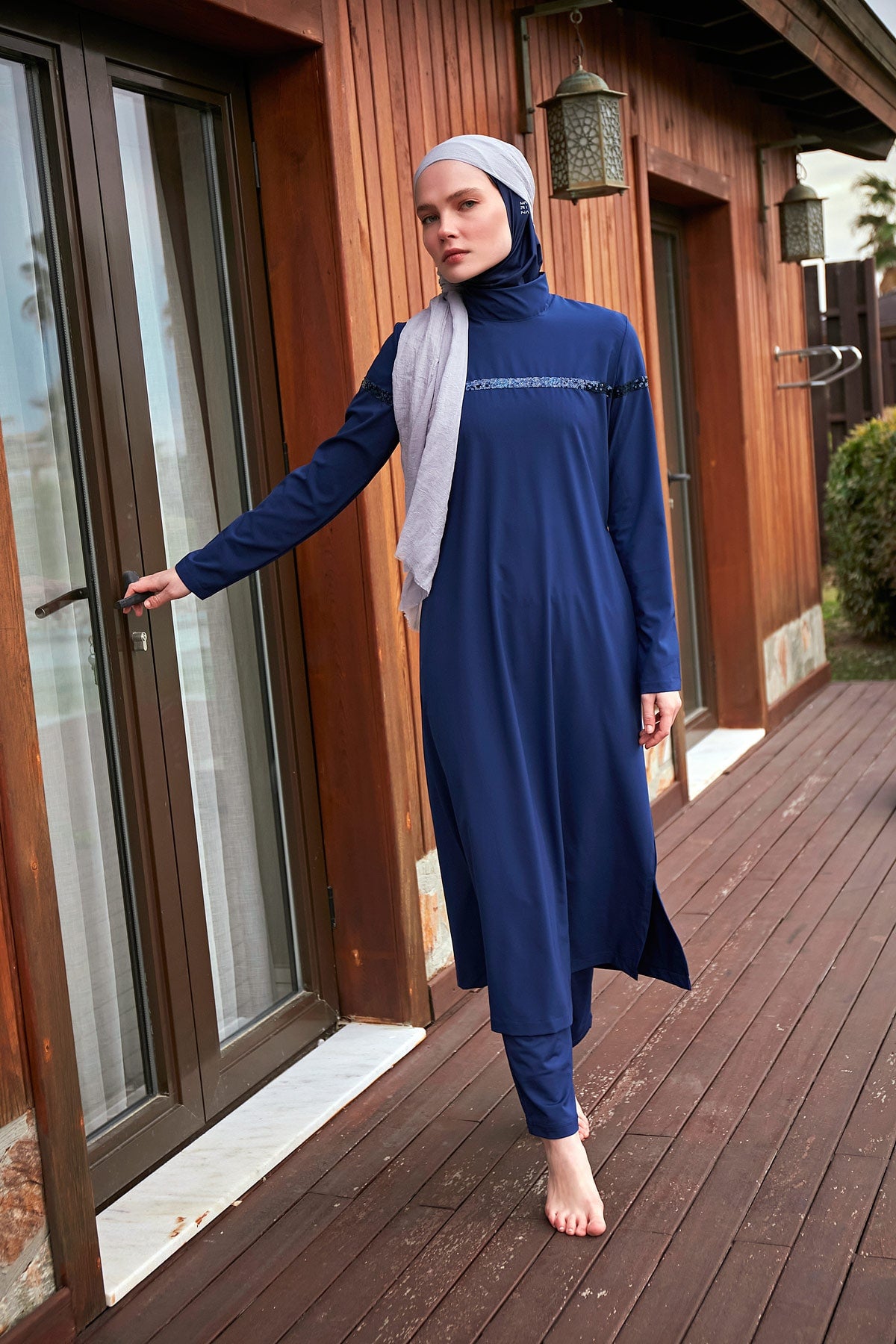 Sequin Detailed Navy Blue Full-Coverage Modest Swimwear Burkini - M2434