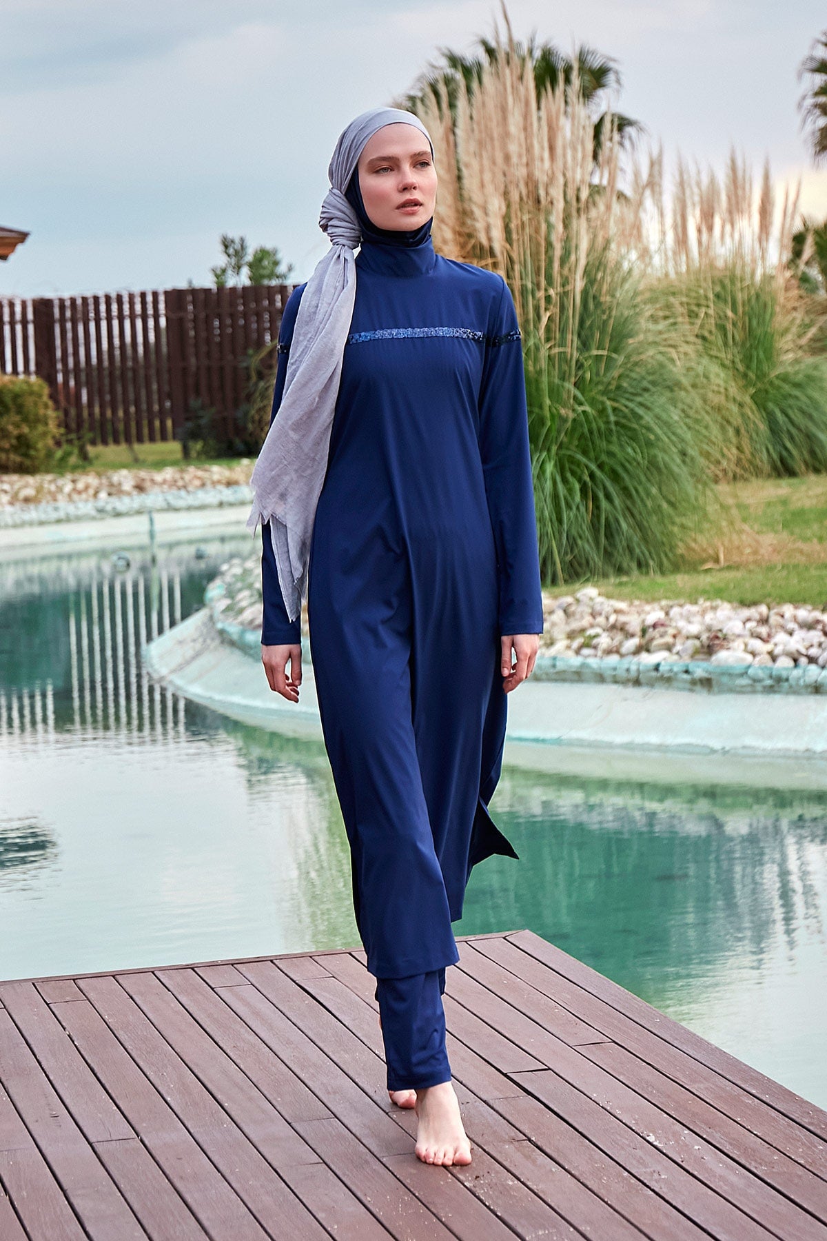 Sequin Detailed Navy Blue Full-Coverage Modest Swimwear Burkini - M2434