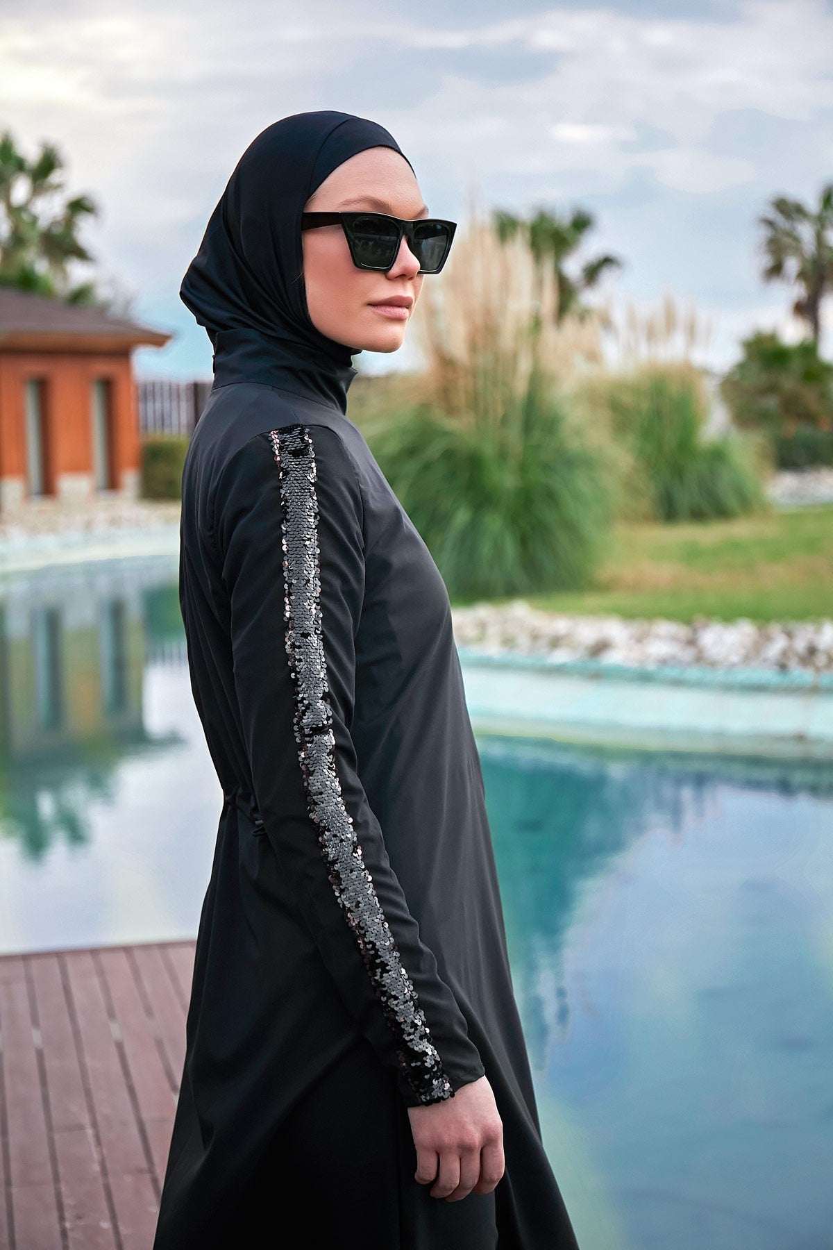 Parachute Fabric Black Full-Coverage Modest Swimwear Burkini - M2417