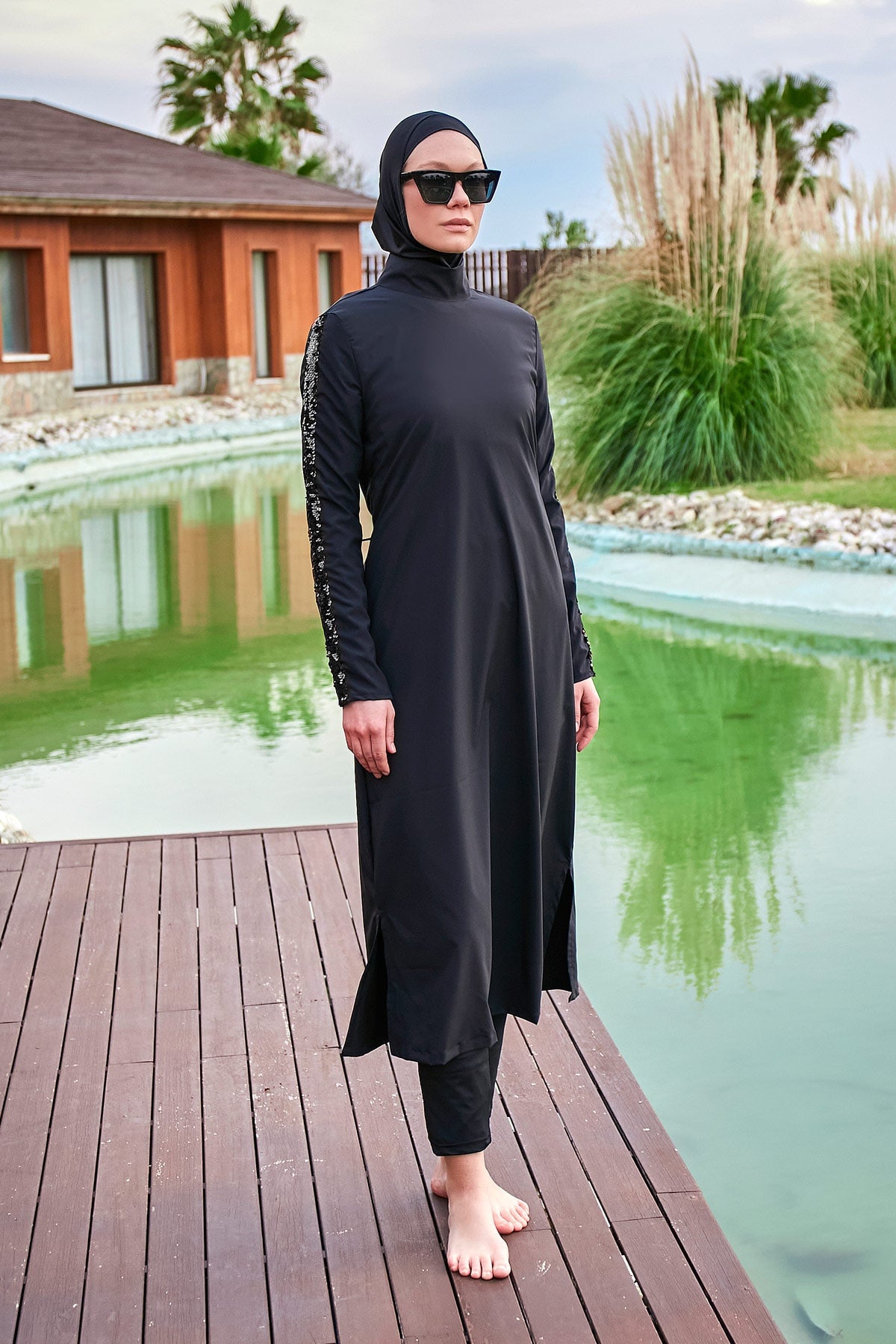 Parachute Fabric Black Full-Coverage Modest Swimwear Burkini - M2417