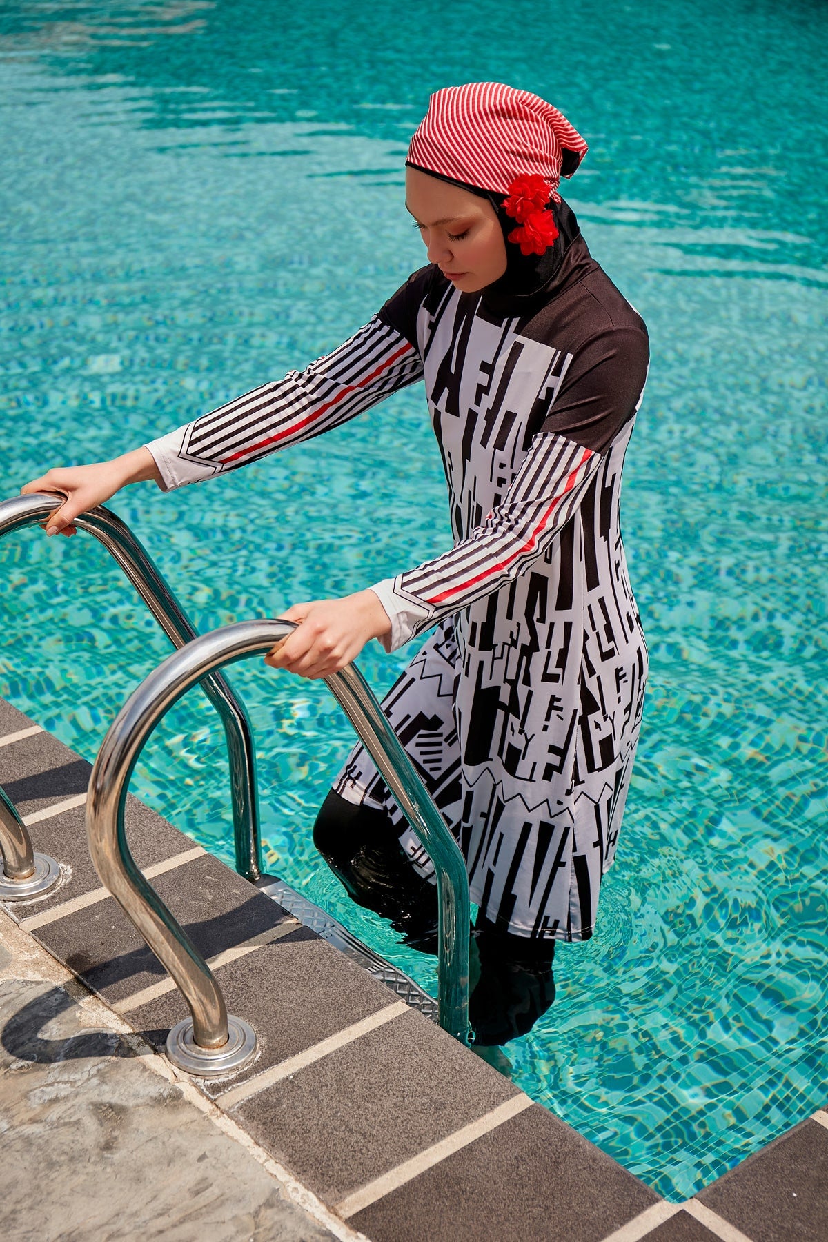 Geometric Patterned Full-Coverage Modest Swimwear Burkini - M2302