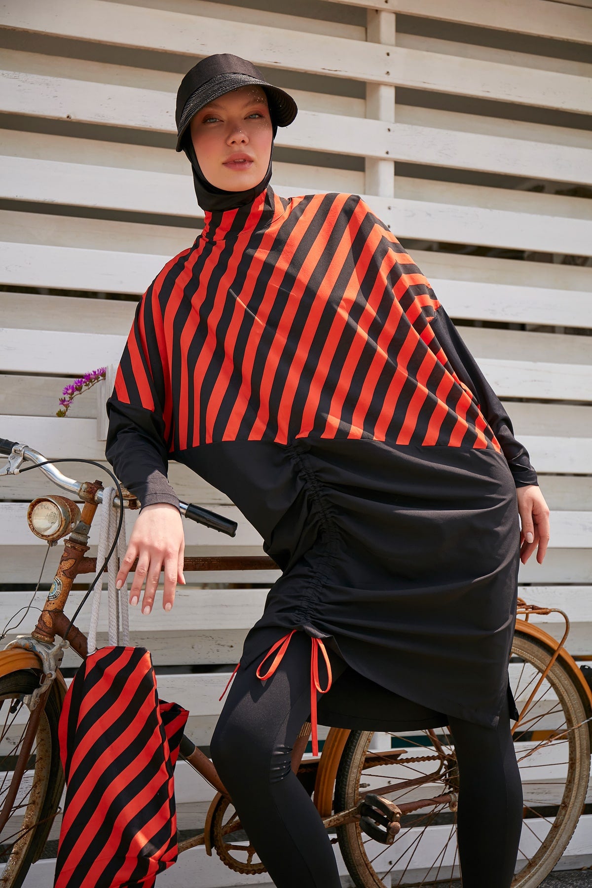 Girls Modest Teen Swimwear Diagonal Striped Ruched 4-Piece Set G2307 Secondary image