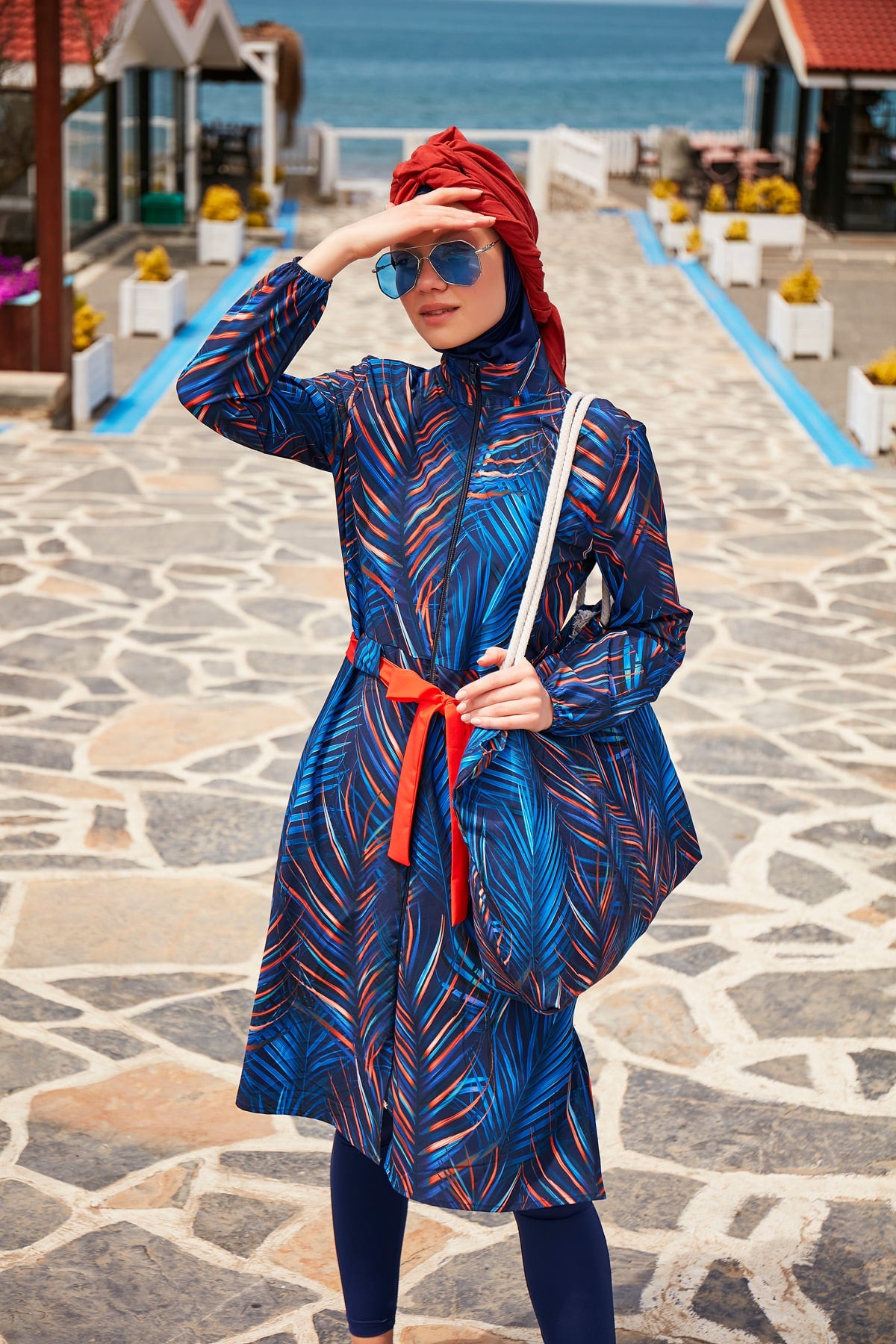 Girls Modest Teen Swimwear Tropical Palm Patterned 4-Piece Set G2305