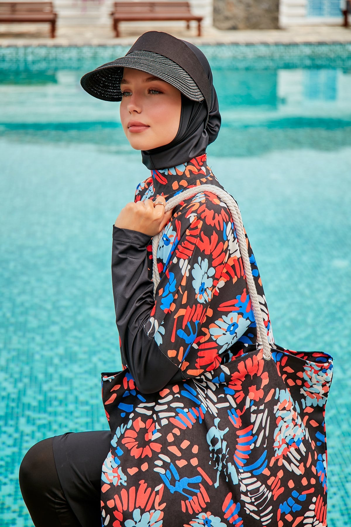 Parachute Fabric Floral Black Full-Cover Modest Swimsuit - M2313