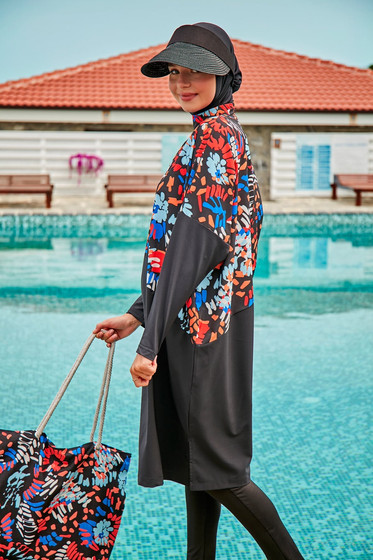 Parachute Fabric Floral Black Full-Cover Modest Swimsuit - M2313 Secondary image
