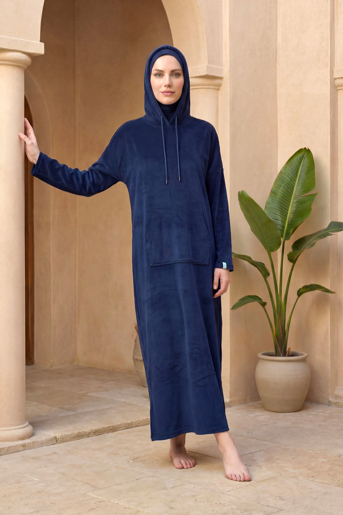 باريو منشفة بغطاء رأس باللون الكحلي، سريع الجفاف، تصميم قابل للارتداء P2602-2