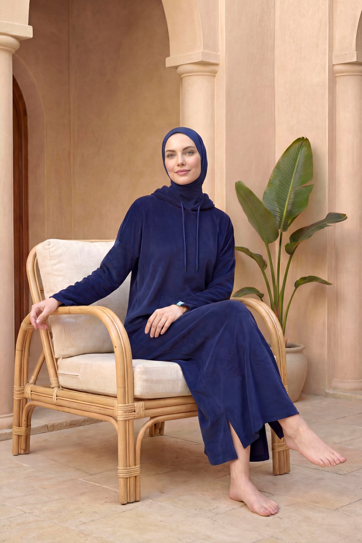 باريو منشفة بغطاء رأس باللون الكحلي، سريع الجفاف، تصميم قابل للارتداء P2602-2