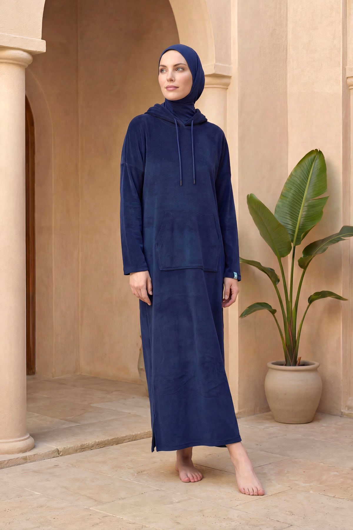 باريو منشفة بغطاء رأس باللون الكحلي، سريع الجفاف، تصميم قابل للارتداء P2602-2