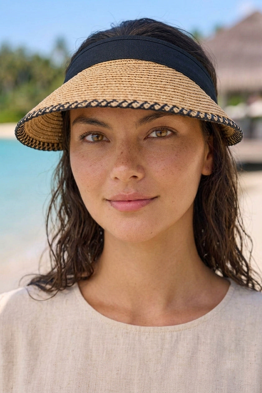 Cream Straw Visor Hat with Zigzag Detail HSR2604-2 صورة ثانوية