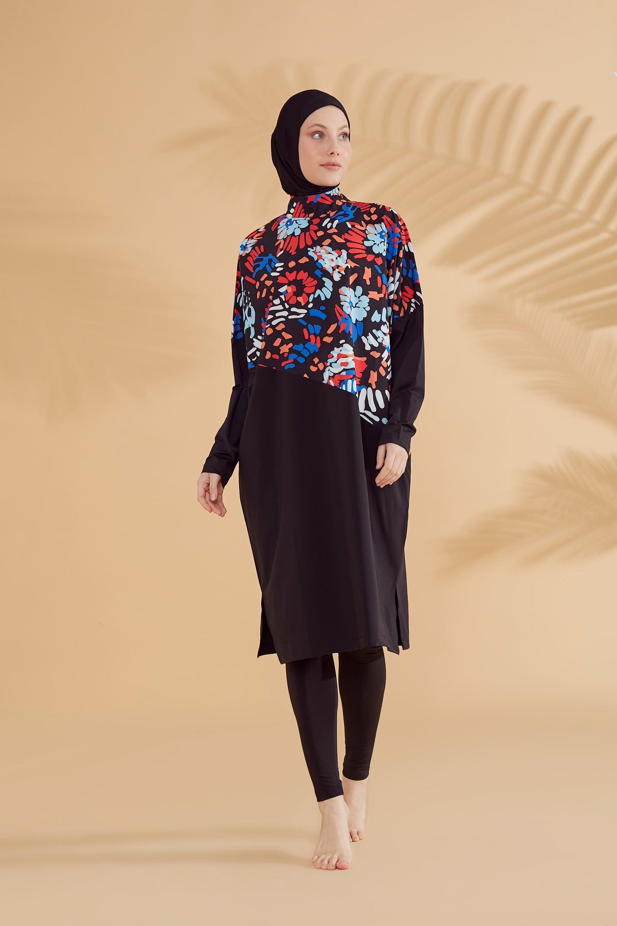 Parachute Fabric Floral Black Full-Cover Modest Swimsuit - M2313