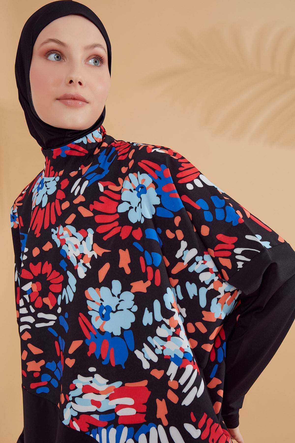 Parachute Fabric Floral Black Full-Cover Modest Swimsuit - M2313