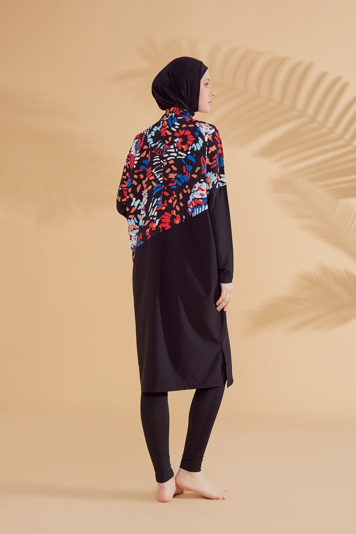 Parachute Fabric Floral Black Full-Cover Modest Swimsuit - M2313