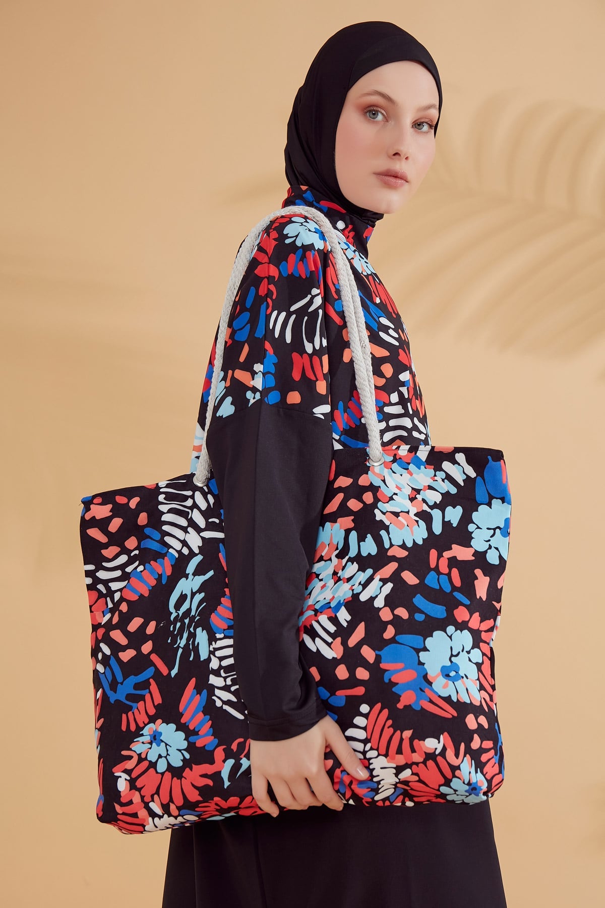 Parachute Fabric Floral Black Full-Cover Modest Swimsuit - M2313