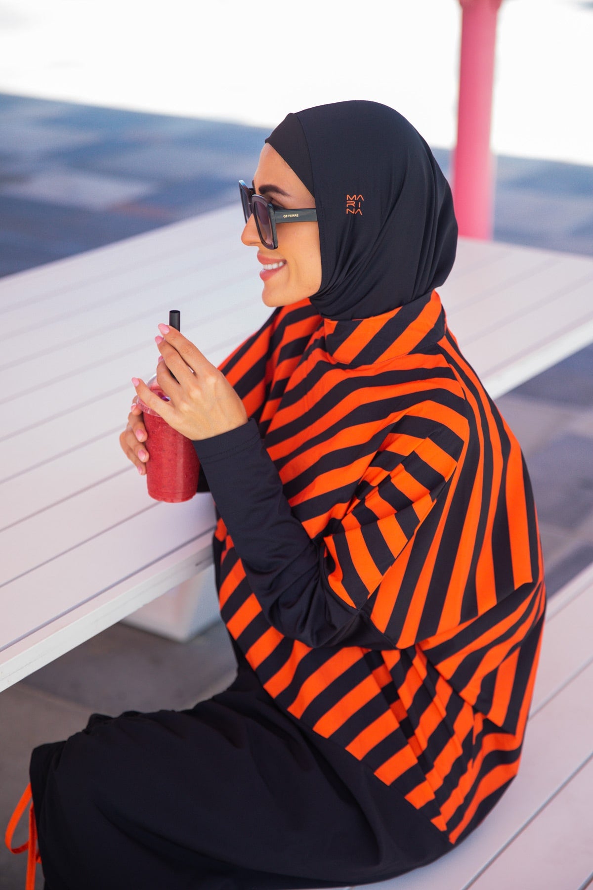 Girls Modest Teen Swimwear Diagonal Striped Ruched 4-Piece Set G2307