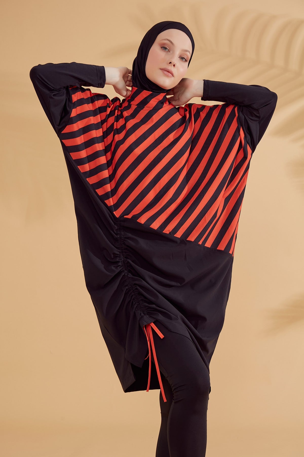 Girls Modest Teen Swimwear Diagonal Striped Ruched 4-Piece Set G2307