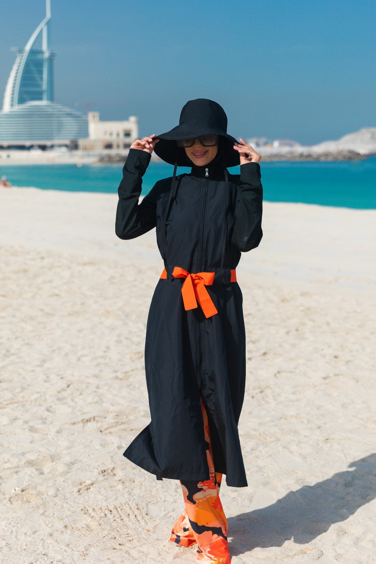 Girls Modest Teen Swimwear Black Patterned Orange Belted 4-Piece Set G2311