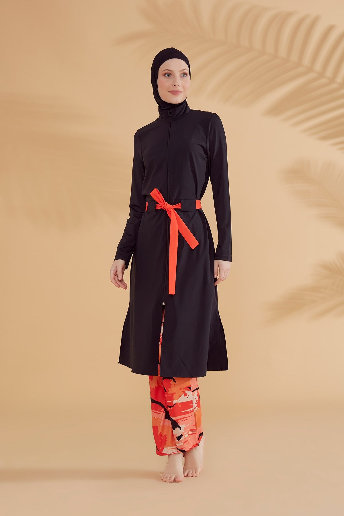 Girls Modest Teen Swimwear Black Patterned Orange Belted 4-Piece Set G2311