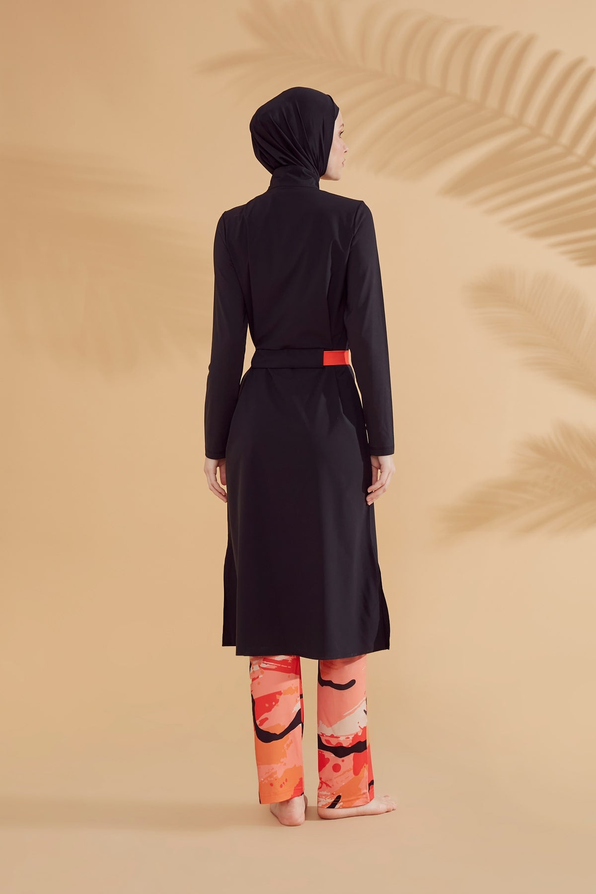 Girls Modest Teen Swimwear Black Patterned Orange Belted 4-Piece Set G2311