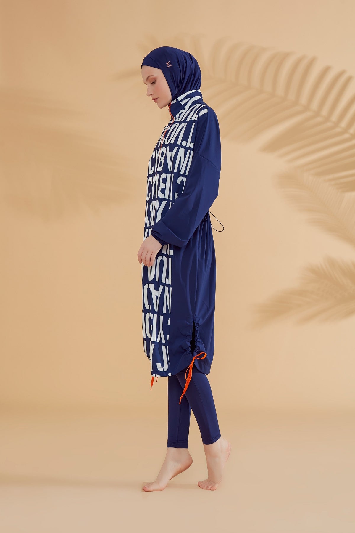 Girls Modest Teen Swimwear Navy Neon Zipper 4-Piece Set G2301-1
