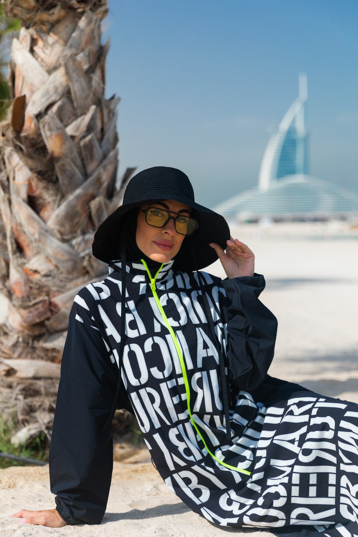 Navy Blue Parachute Letter Printed Full-Coverage Modest Swimwear Burkini - M2301 Main image