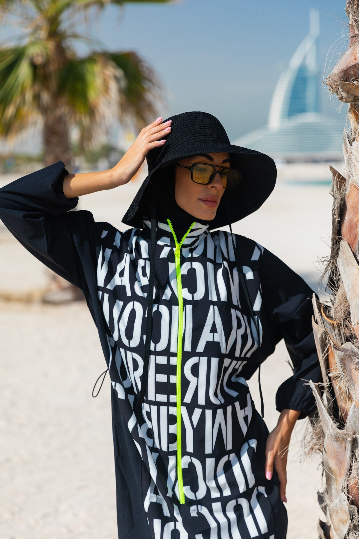 Navy Blue Parachute Letter Printed Full-Coverage Modest Swimwear Burkini - M2301