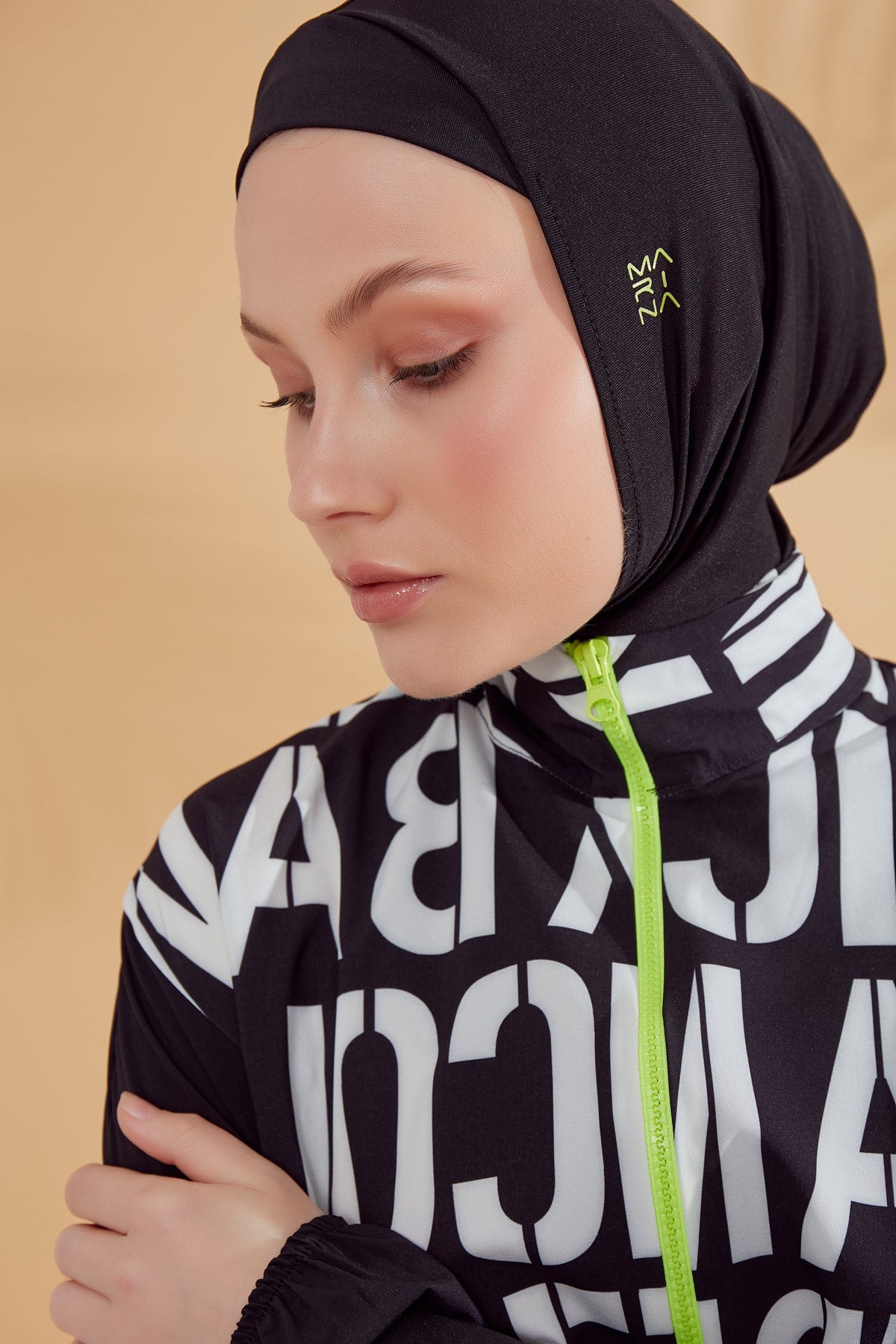 Navy Blue Parachute Letter Printed Full-Coverage Modest Swimwear Burkini - M2301