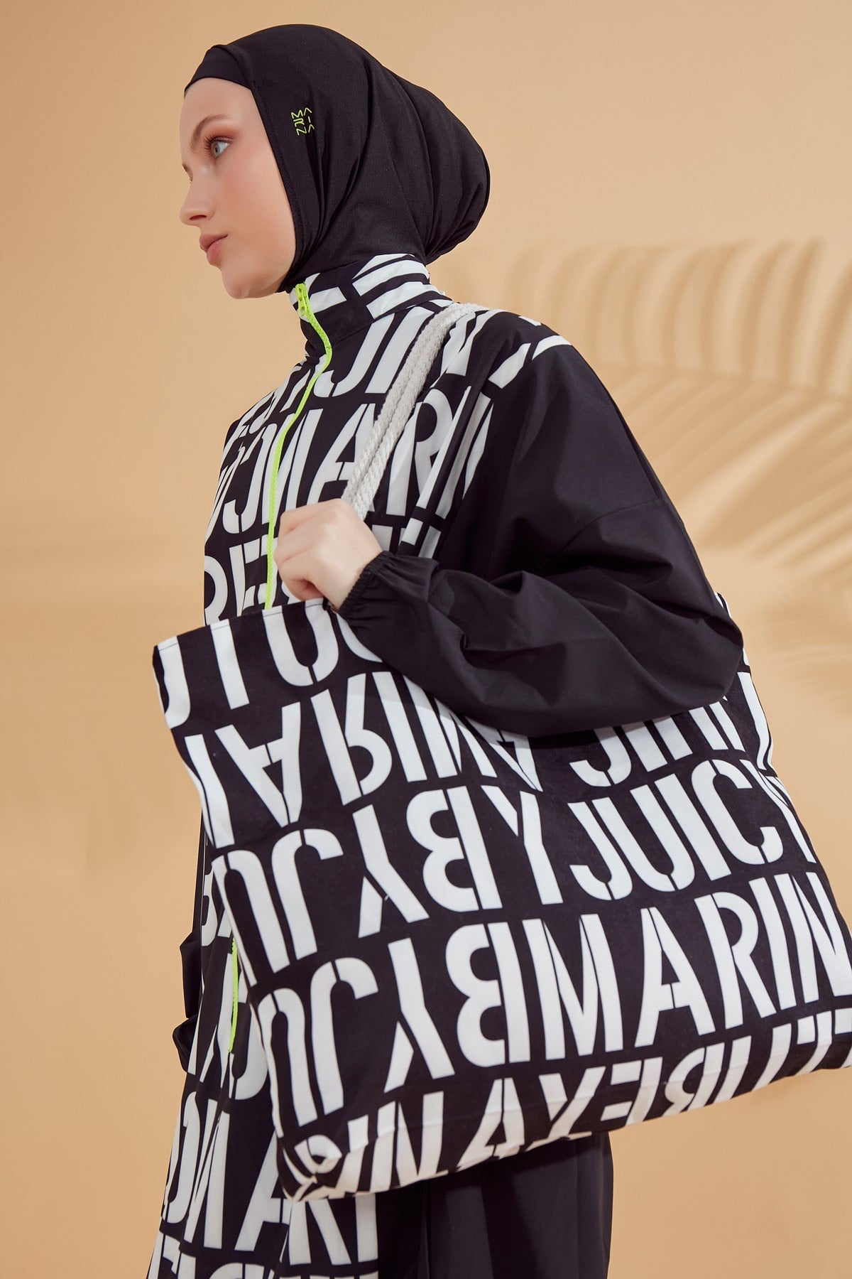 Navy Blue Parachute Letter Printed Full-Coverage Modest Swimwear Burkini - M2301