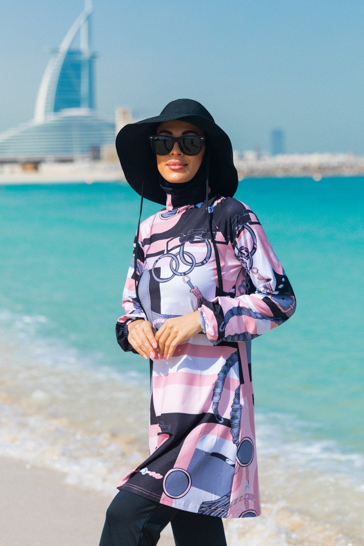 4-Piece Chain Patterned Full-Cover Modest Swimsuit - M2315-1